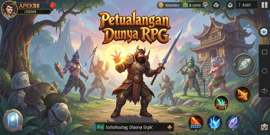 Screenshot APEK88 menampilkan karakter bertempur di dunia fantasi yang megah.