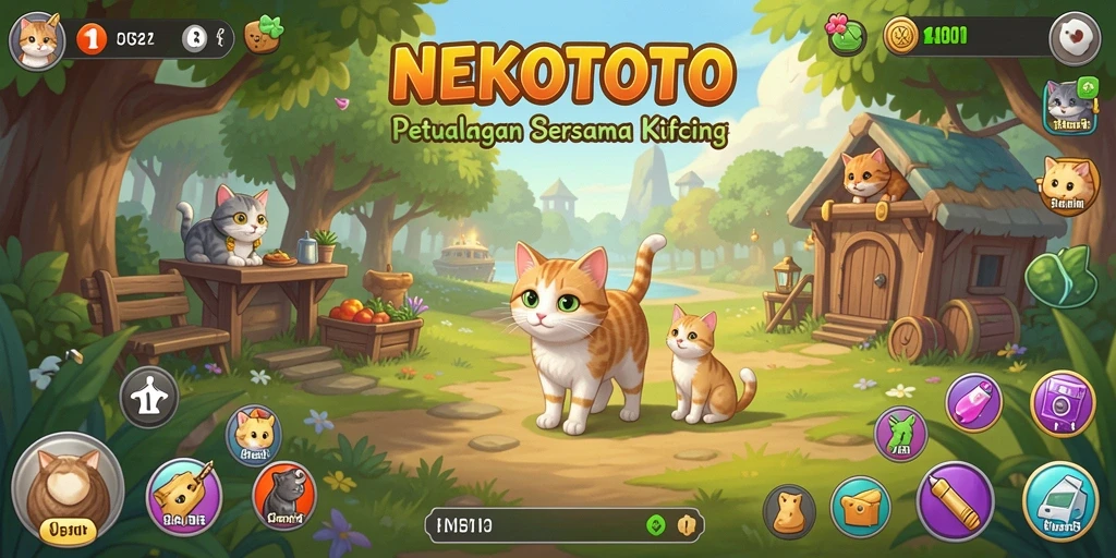 Screenshot gameplay NEKOTOTO menampilkan kucing lucu dalam misi petualangan.