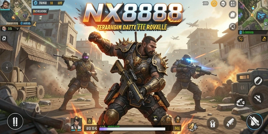 Tangkapan layar utama NX888 menampilkan aksi seru dalam permainan Battle Royale.