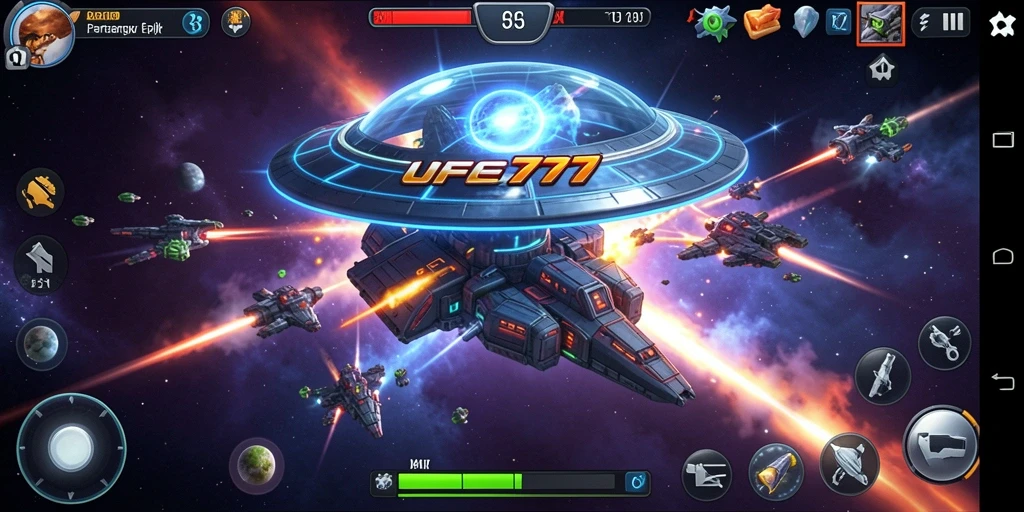 Screenshot menunjukkan pertarungan intens dalam UFO777 dengan karakter unik.