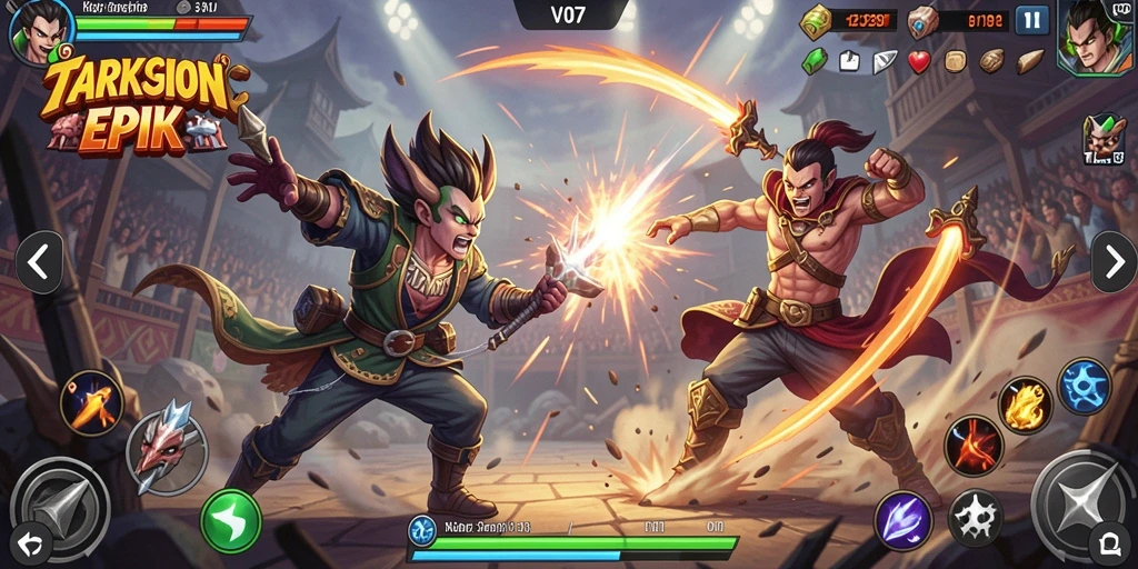 Screenshot V07 menampilkan aksi pertarungan yang intens dan karakter yang kuat.